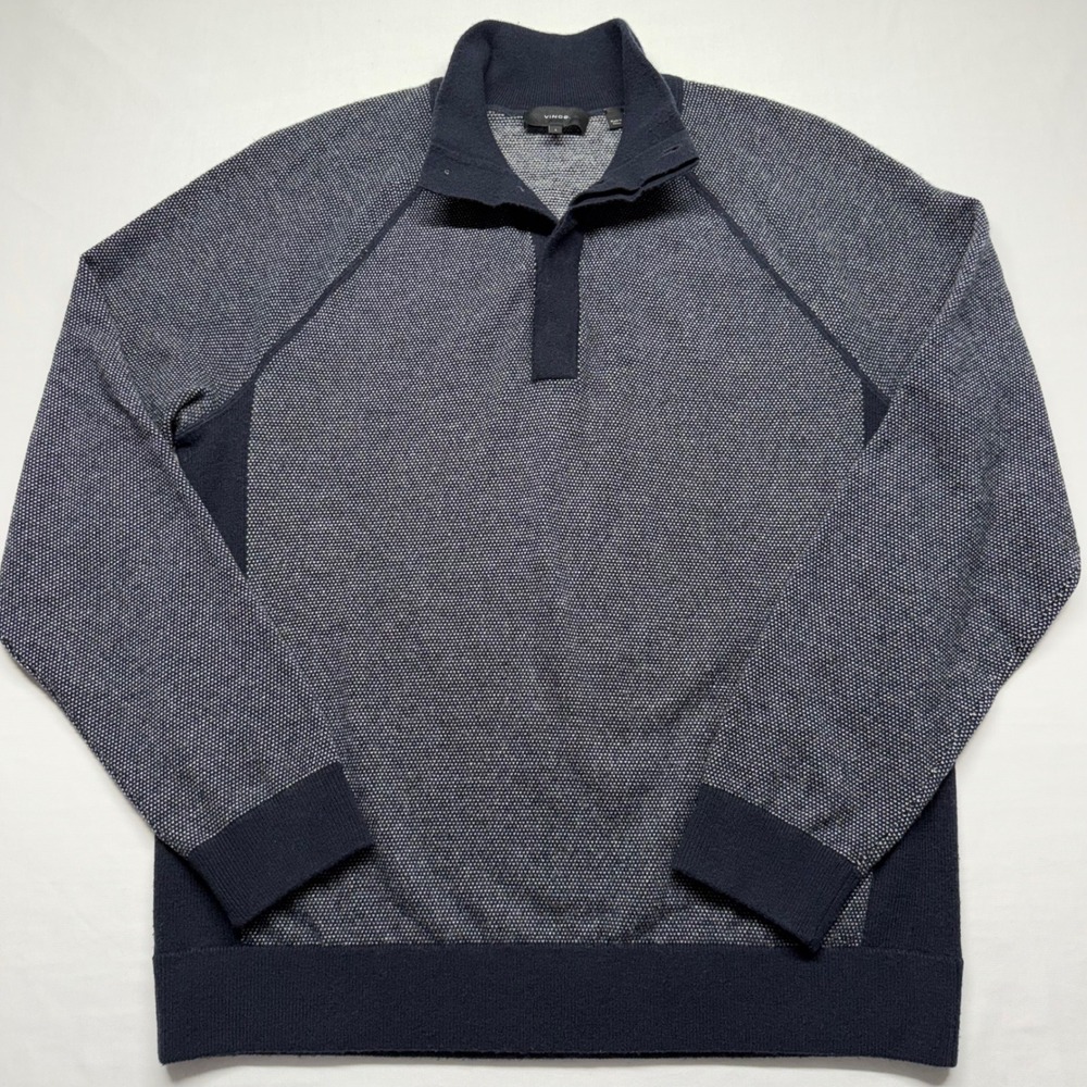 Vince Wool Cashmere Button Pullover Sweater L Navy Textured Luxury‎ Mock